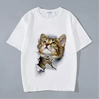 เสื้อยืดแขนสั้น สกรีนลายแมว สีขาว ES416-ES420