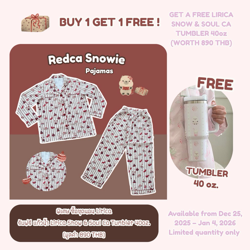 (พร้อมส่ง) Lirica | ชุดนอน RedCa Snowie แขนยาว/แขนสั้น แถมฟรี Tumbler 40oz.