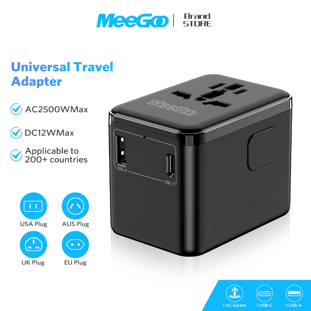 MEEGOO หัวปลั๊กไฟทั่วโลก AC2500WMax 12W/17.5W Multi-country สำหรับ 180+ ประเทศ ชาร์จอุปกรณ์หลายเครื่องพร้อมกัน