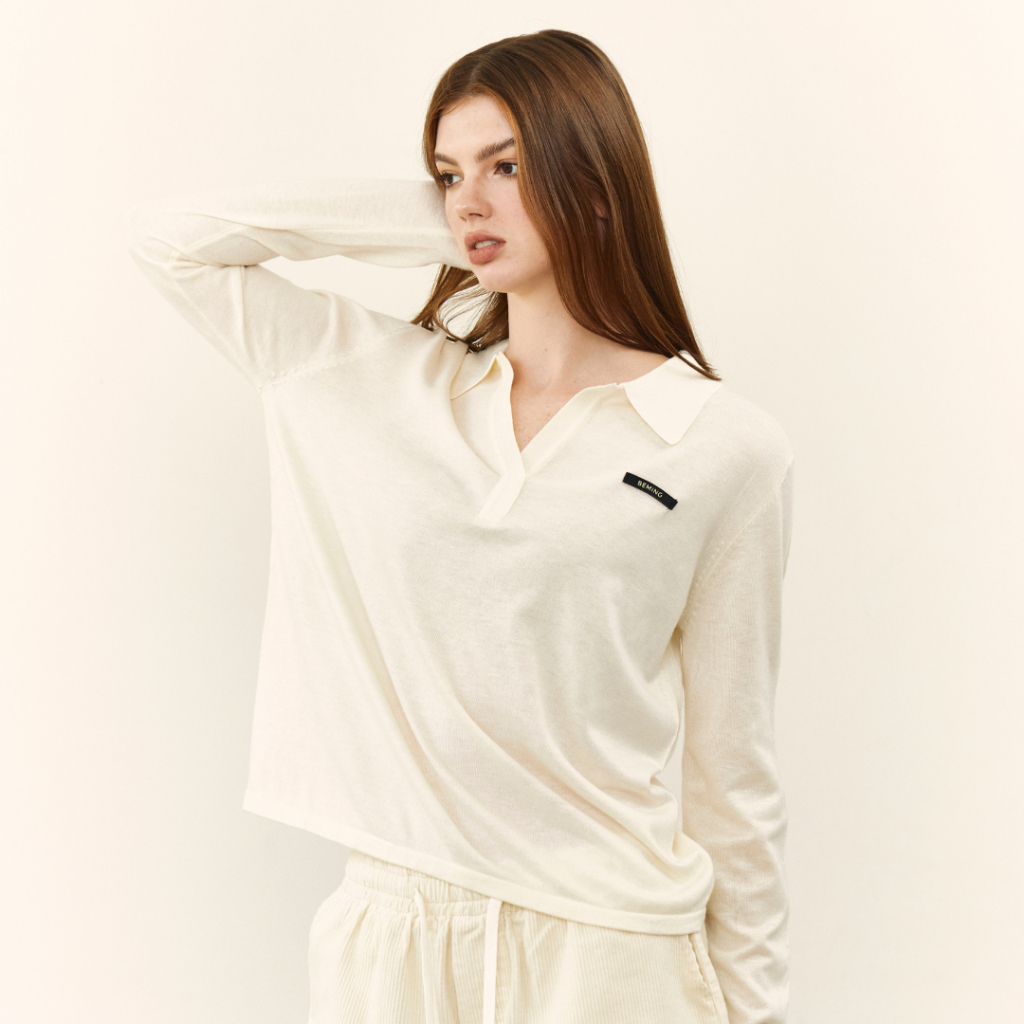 Bemingtop1087(S-2XL)-BMG Polo Longline - เสื้อแขนยาวคอปก ดีเทลคอวี ปักโลโก้ BEMING ด้านหน้า รูปที่ 7