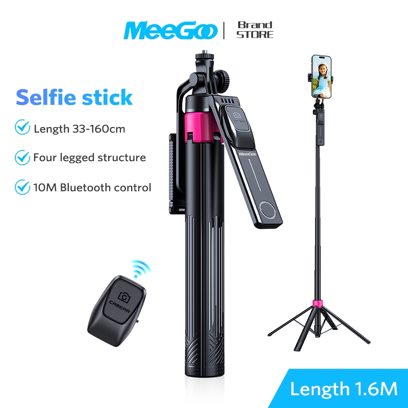 MEEGOO ขาตั้งโทรศัพท์ยาว 1.6 เมตร อลูมิเนียม ขาตั้งไลฟ์สด/เซลฟี่/วิดีโอ สามารถพับได้ มีรีโมทบลูทูธ 10 เมตร ขา 4 ขาเสถียร