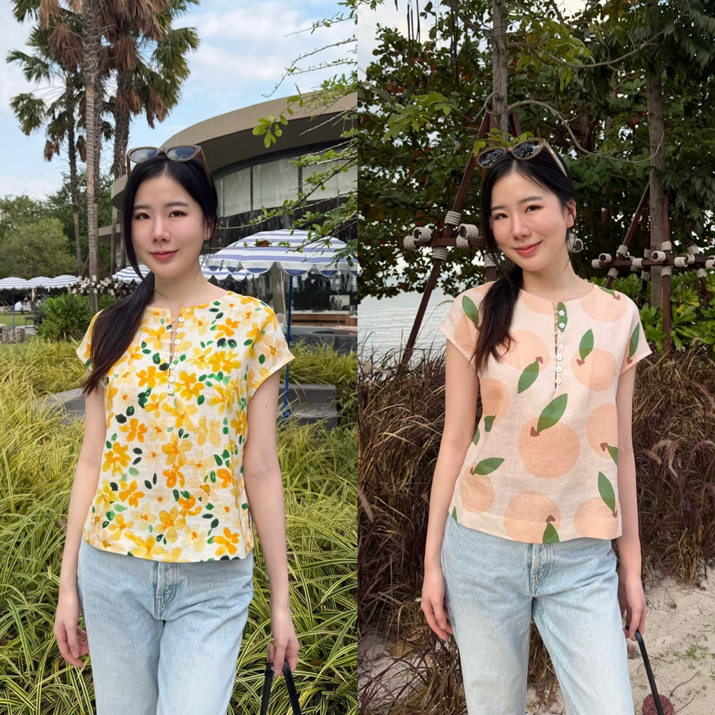 T4เสื้อลินินทรงไหล่ล้ำคอกลมกระดุมหน้า
