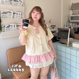 เสื้อคอกลมแต่งสก็อต เสื้อสาวอวบ อก38-52นิ้ว Plussize
