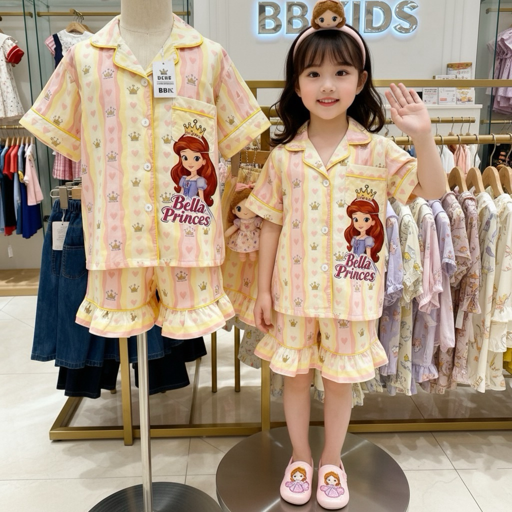 ชุดนอนเด็กผู้หญิงลายเจ้าหญิง เสื้อแขนสั้น กางเกงขาสั้นชายระบาย