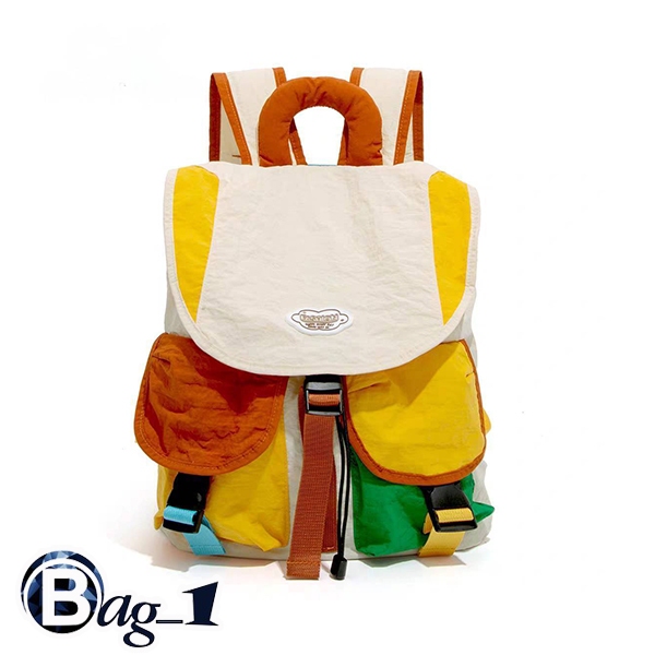 bag_1(BAG2487) กระเป๋าเป้สีครีม-เหลืองเขียว ด้านหน้ามี2ช่องใส่ของ