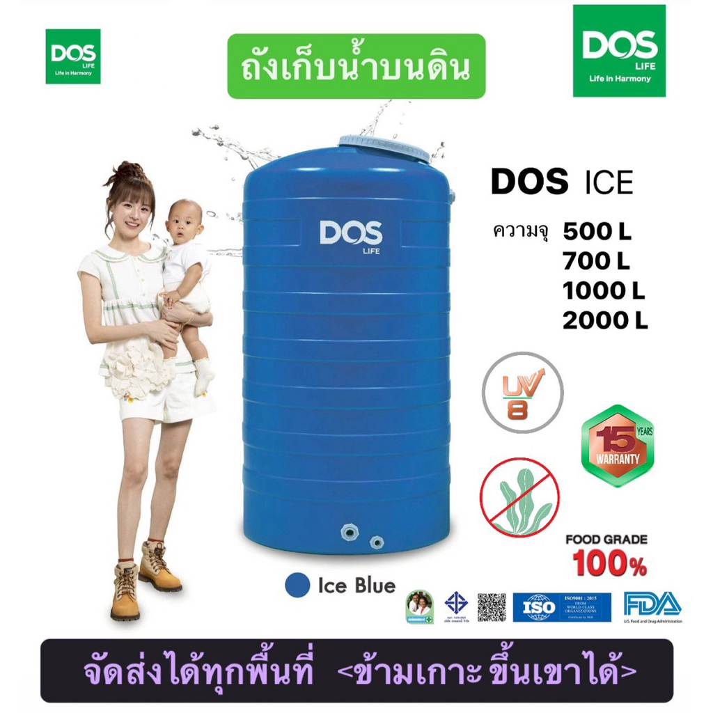 ถังน้ำ ถังเก็บน้ำ ถังเก็บน้ำบนดิน Dos ICE สีน้ำเงิน กันตะไคร่น้ำ ป้องกัน UV8 ขนาด 3000L,2000L,1000L,700L,500L🍀