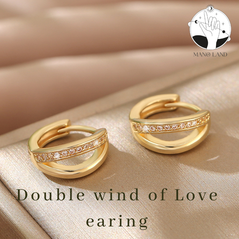 MNL DOUBLE WIND OF LOVE สีทอง ต่างหูวงกลม ประดับเพชร เครื่องประดับแฟชั่น ผู้หญิง ไม่ลอก ตุ้มหูห่วง มินิมอล เกาหลี ไม่แพ้