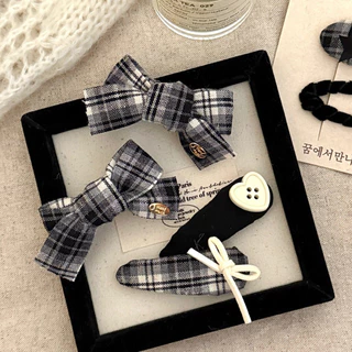 Cute 455 กิ๊บติดผม กิ๊บแป๊กหนีบผมลายสก๊อตโทนดำ 2 ชิ้น / แพ็ค