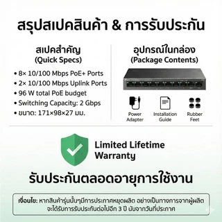 TP-Link LS110P | 8-Port PoE+ 96W | Extend 250m | Fanless Desktop Switch