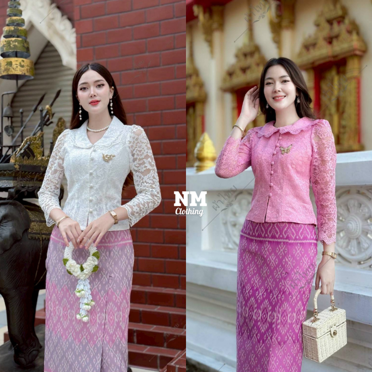 เสื้อลูกไม้ คอบัว น่ารักมาก งานแขนยาว กระดุมผ้า ใส่กับผ้าถุงสวยๆ ใส่ไปงานบุญ งานบวช สวยมาก