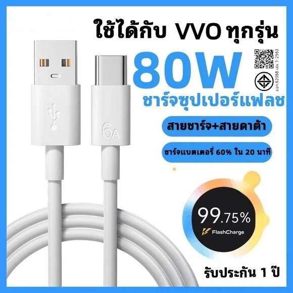 รับประกันหนึ่งปีvvo80w สายชาร์จข้อมูลเร็วแบบ Type C [สายชาร์จ Vvo + หัวชาร์จ]