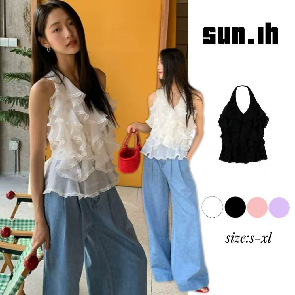 SUN🛍️พร้อมส่ง🛍️เสื้อชีฟองสั้นเปิดหลังคอคล้องสไตล์ใหม่สำหรับฤดูร้อน หวานและเซ็กซี่ สำหรับผู้หญิง