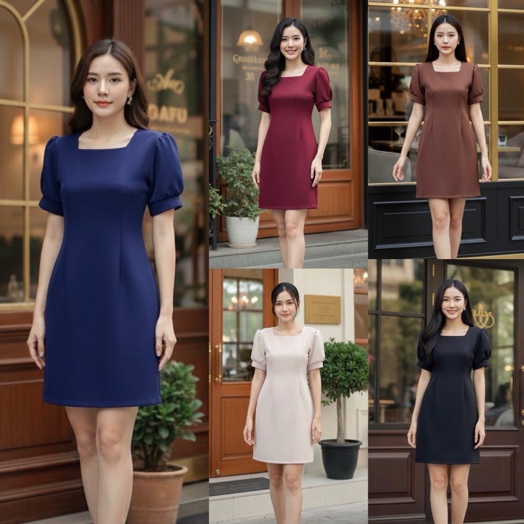 เดรสคอเหลี่ยม แขนตุ๊กตา ชุดทำงาน มีซิปหลัง สวยดูดี S-XL