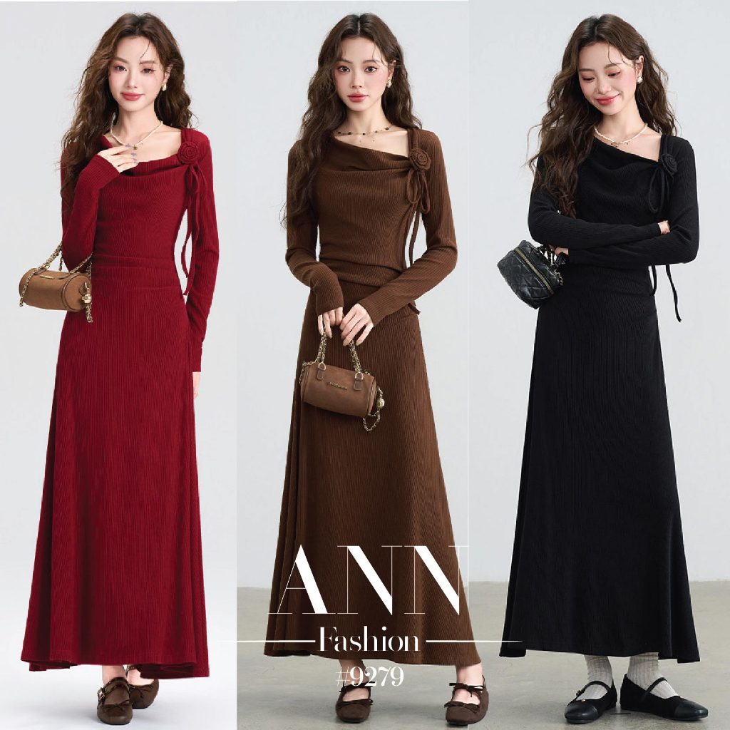 แม็กซี่เดรส สีแดง แขนยาว คอปาด ผ้าลูกฟูกร่องเล็ก ดีไซน์รวบเชือกผูกโบว์ที่ไหล่ กระโปรงทรงเอ จับจีบเอว  #9279