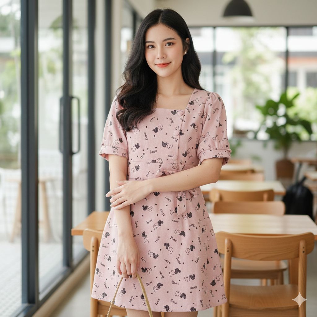 AP STYLE เดรสสีชมพูลายน้องหมีผ้าลูกฟูกบาง size XL