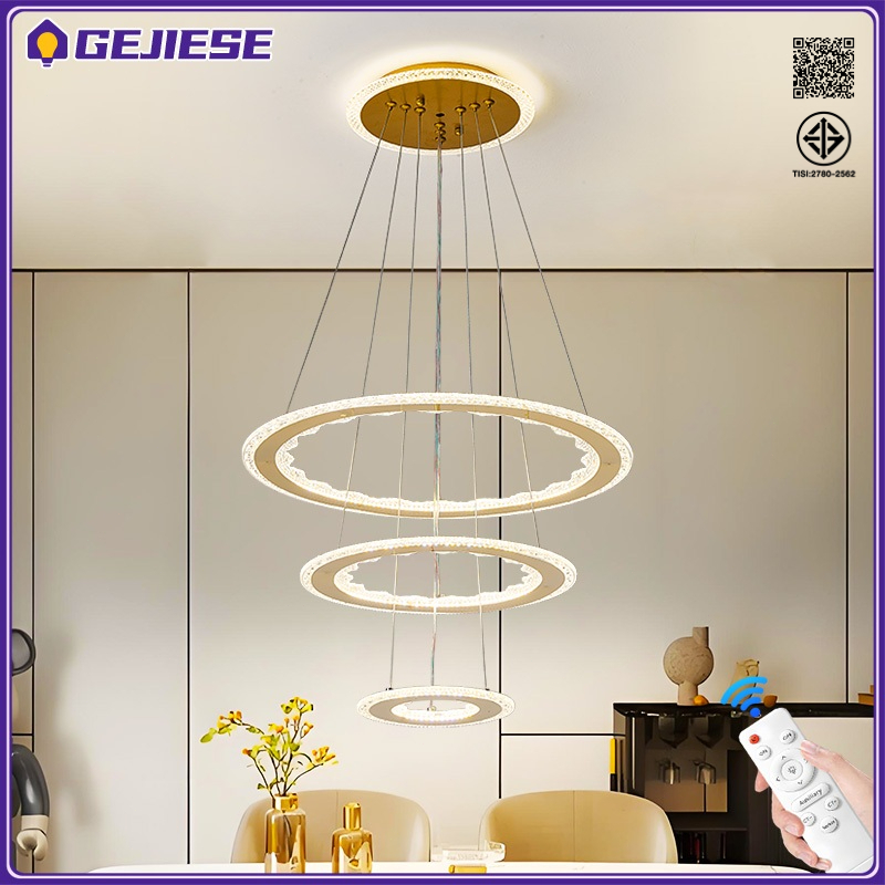 GEJIESE 3 สี LED โคมไฟระย้า ด้วยการควบคุมระยะไกล โคมไฟห้อย สามารถปรับความสูงได้ โคมไฟแขวน โคมระย้า