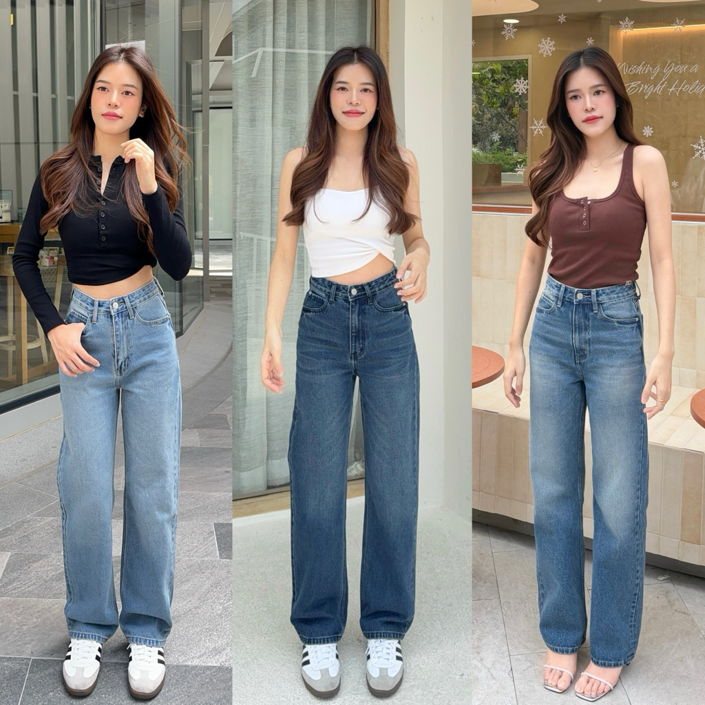 BLUEDA - Rosie Jeans กางเกงยีนส์เอวสูง ขากระบอกกลาง ผ้าดีมาก สีเฟดเนียนชัด ดีเทลแต่งกระเป๋า