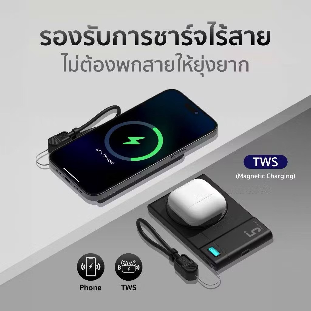 (มี CCC) Commy Powerbank 10,000mAh พาวเวอร์แบงค์ 3in1 แบตสำรอง ชาร์จเร็ว 22.5W มีสายในตัว PB-W004 รูปที่ 2