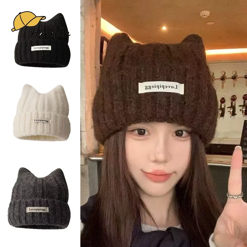 COD🚚 หมวกกันหนาวสไตล์เกาหลีสำหรับผู้หญิง ทำจากไหมพรม ดีไซน์น่ารักด้วยหูแมว
