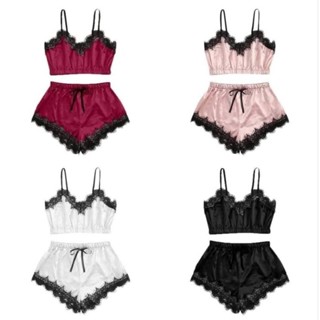 ชุดนอนทูพีช เสื้อสายเดี่ยว ตกแต่งด้วยลูกไม้ น่ารักเซ็กซี่ ผ้…