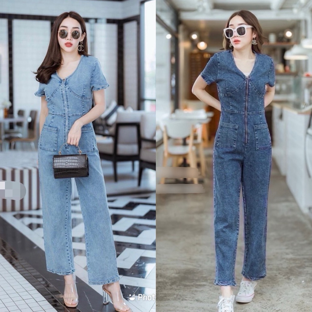 จั้มสูทยีนส์ขายาว งานสีแขนใส่น่ารัก ใส่ได้ทุกโอกาส 813 ผู้หญิงขนาด S-3XL
