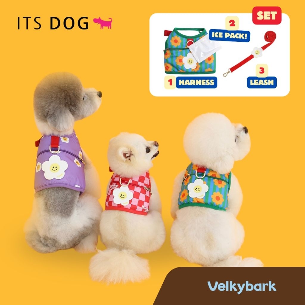 VELKYBARK [พร้อมส่ง] ITSDOG🇰🇷 Ice Popping Cool Harness Set ชุดเซ็ท 3ชิ้น(สายรัดอก+สายจูง+แผ่นเจลเย็น) สำหรับสัตว์เลี้ยง