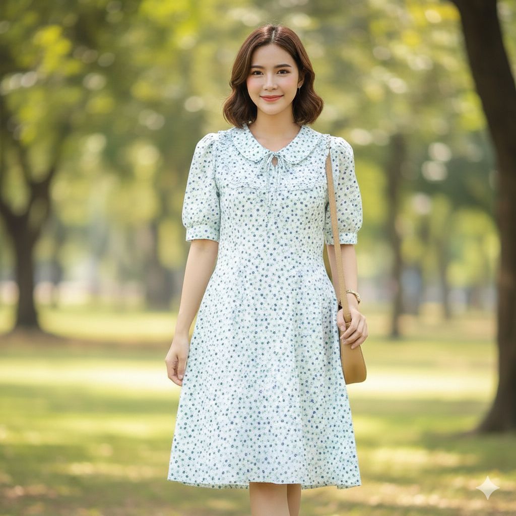 AP STYLE เดรสแขนตุ๊กตาสีขาวลายดอกฟ้า ผ้านูนคอบัวผูกโบว์ size XL