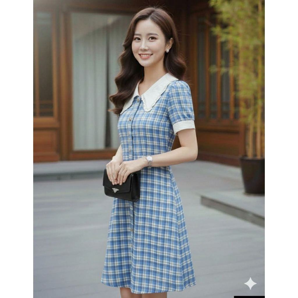 AP STYLE เดรสสีฟ้าลายสก๊อต คอบัวขาวผ้าลินิน size XL