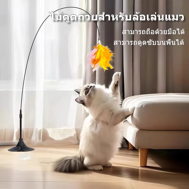 ไม้ล้อเล่นแมว ของเล่นแมวมีขนนกและกระดิ่ง ฝึกความสนใจแมว เชือกลวดเหล็กยืดหยุ่น ไม่หักง่าย มีถ้วยดูด