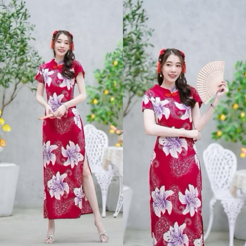 💮กี่เพ้ายาว💮เดรสกี่เพ้าทรงแขนล้ำ ติดกระดุมจีนด้านหน้า งานผ้าซาร่าเนื้อดี ทรงสวย - รูปที่ 3