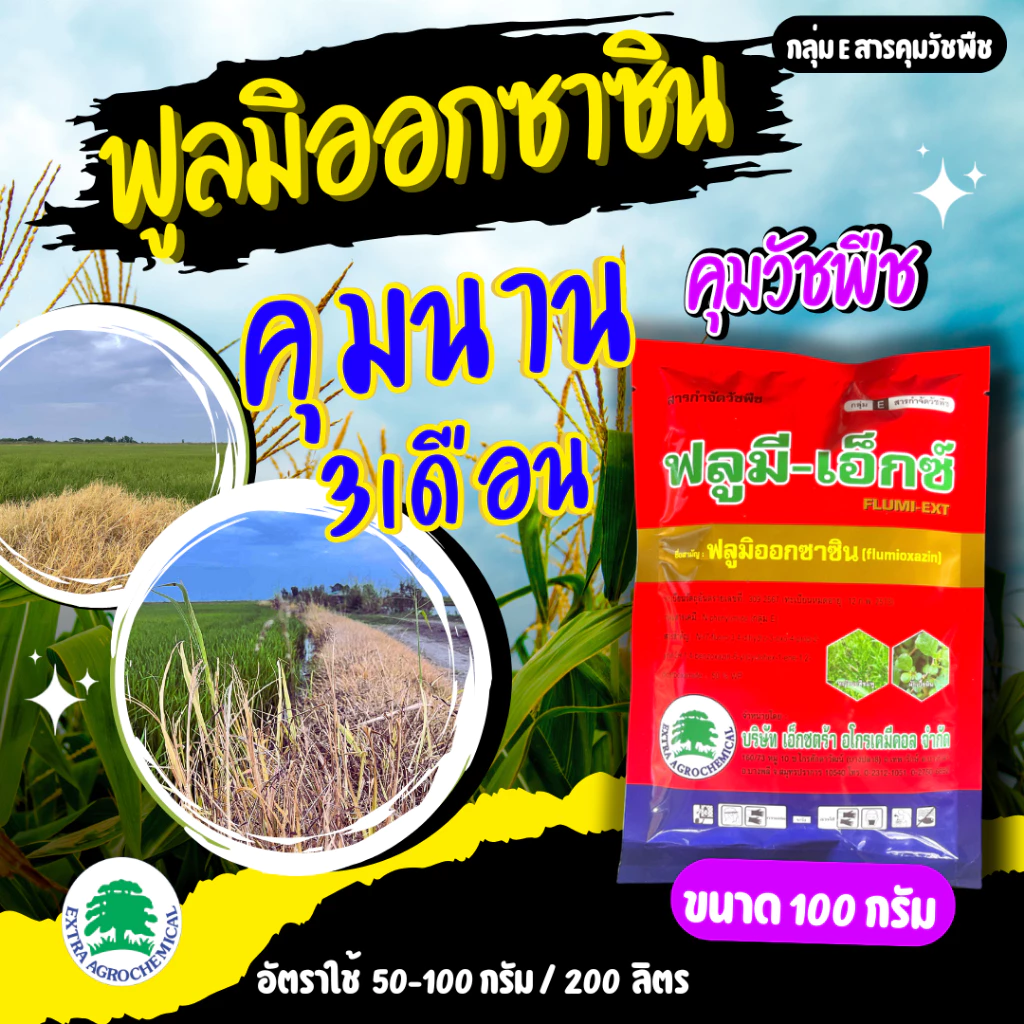 ฟลูมี-เอ็กซ์ ( ฟลูมิออกซาซิน 50% WP ) ขนาด 100 กรัม ใช้คุมวัชพืชใบแคบ ใบกว้าง ฟลูมีเอ็กซ์