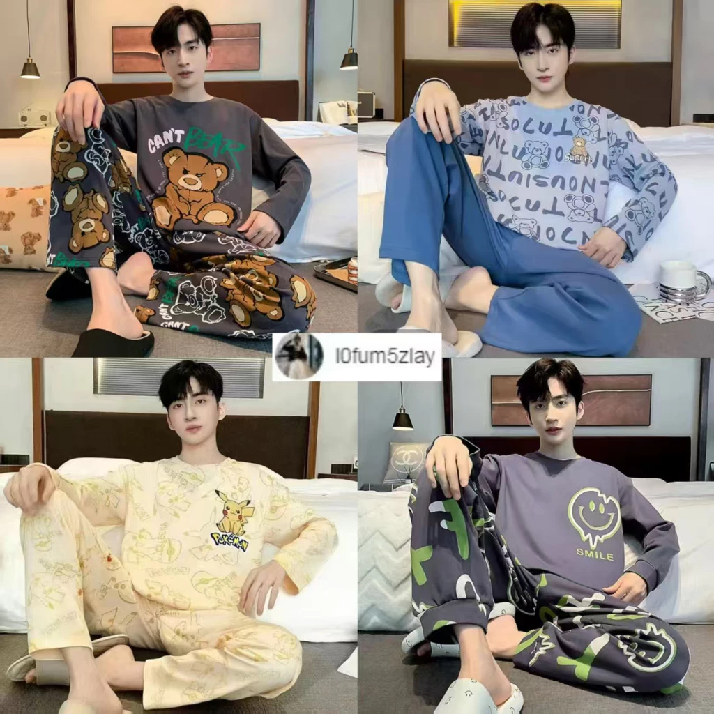 🧸👖M-4XLชุดนอนเวอร์ชั่นเกาหลีl0fum5zlay，ชุดนอนผู้ชาย， ผ้าฝ้ายคุณภาพดี， มีลายการ์ตูนให้เลือก 15 ลาย， ขายาว+เสื้อ