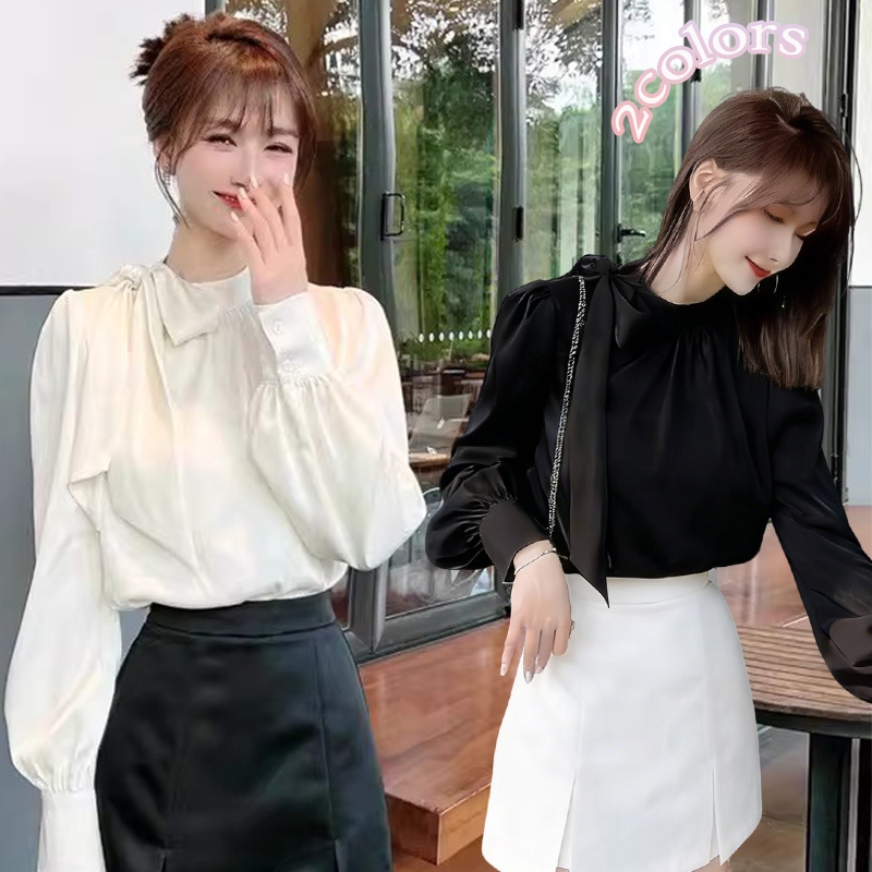 99316 akifoon.store เสื้อเบลาส์ผูกโบว์สไตล์เกาหลี/ฮ่องกงใหม่สำหรับผู้หญิง ดีไซน์เรียบง่ายแต่ใช้งานได้หลากหลาย เหมาะสำหรั