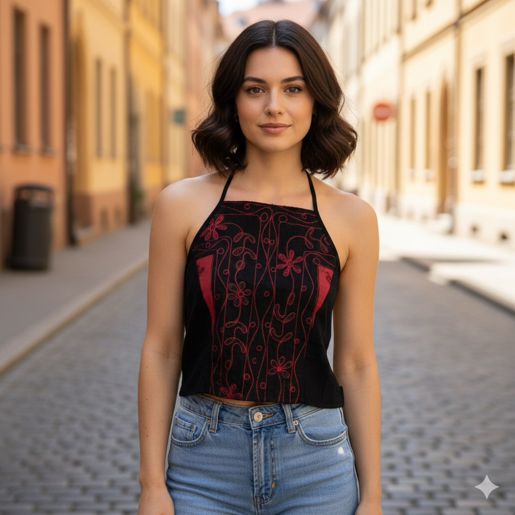 IDT006 เสื้อแขนกุด คอเหลี่ยม สีพื้น ลาย  ผ้าทอมือ ผ้าปัก ผ้าไหมดูไบ ด้านหลังสม๊อก มีสายคล้องคอ