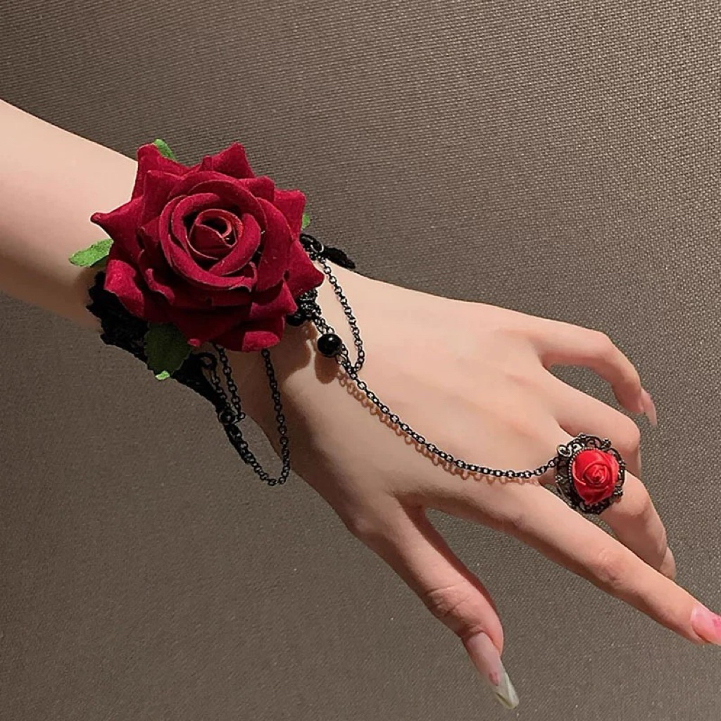 สร้อยข้อมือประดับดอกกุหลาบสีแดง ห้อยแหวนปรับขนาดได้ R9