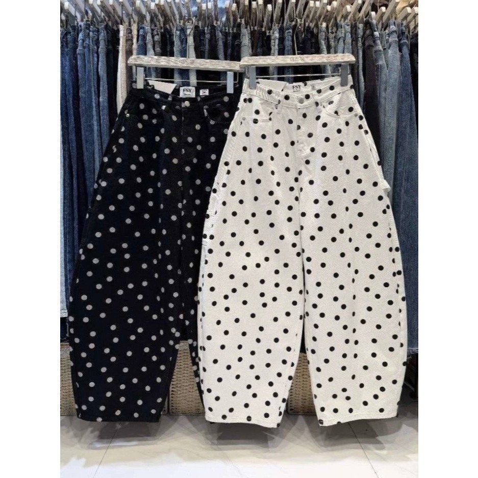 10961 Dot mini heart pocket jeans กางเกงยีนส์ทรงเย็บขากว้าง