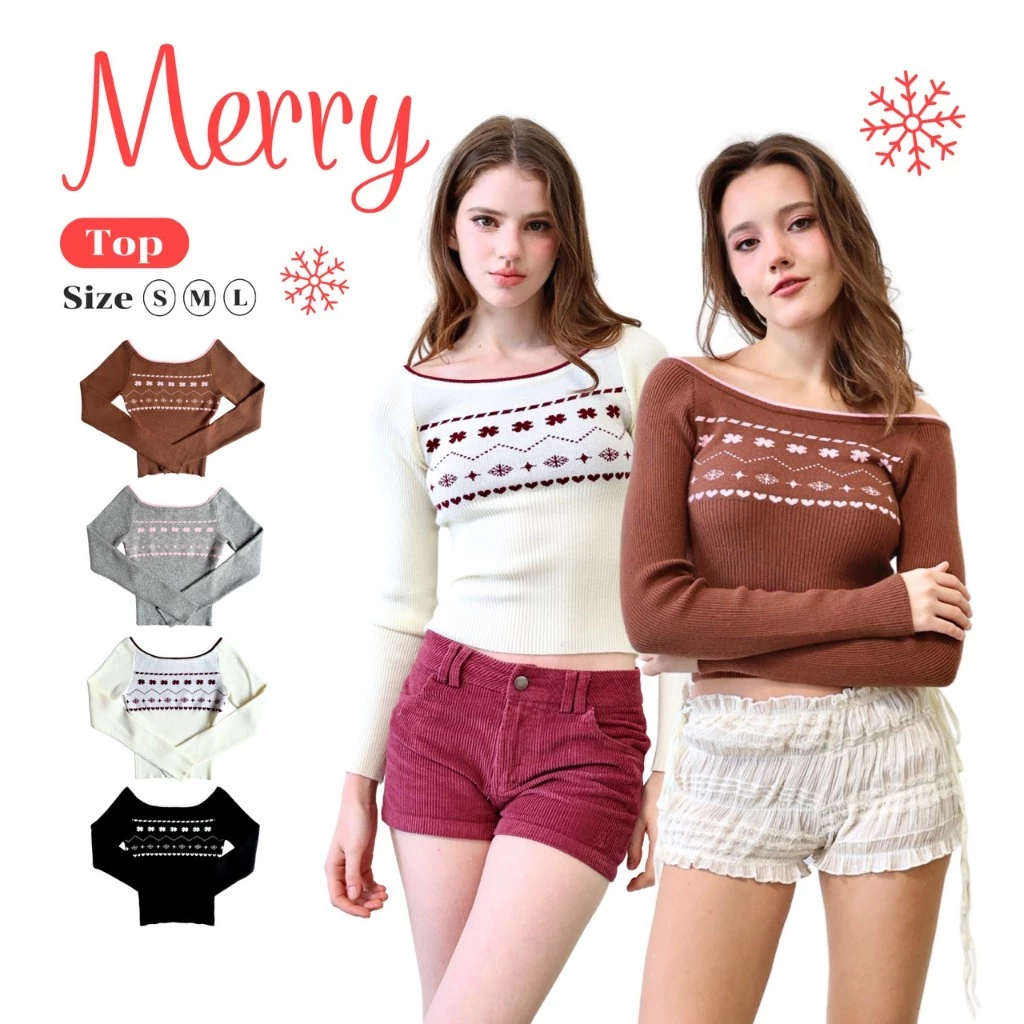 JARINYA (S-L) เสื้อไหมพรมปาดไหล่ ปักลายตรงอก (T1041)