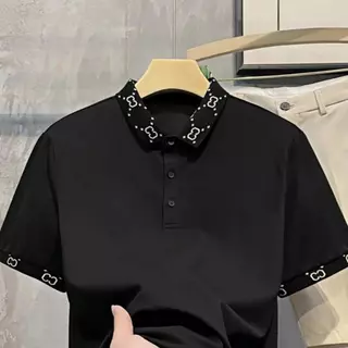 PROMANเสื้อโปโลผู้ชาย เสื้อแขนสั้นปกปก คอปกลาย ผ้าไหมเย็นระบายอากาศ พักผ่อน หลวม แฟชั่น