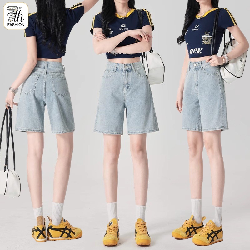 S-5XL กางเกงยีนส์ขาสั้นผู้หญิงสีฟ้าทันสมัย - ความยาวครึ่งต้นขา ใส่ได้ทุกสไตล์ ช่วยให้ดูเพรียวบาง ดีไซน์เอวสูง