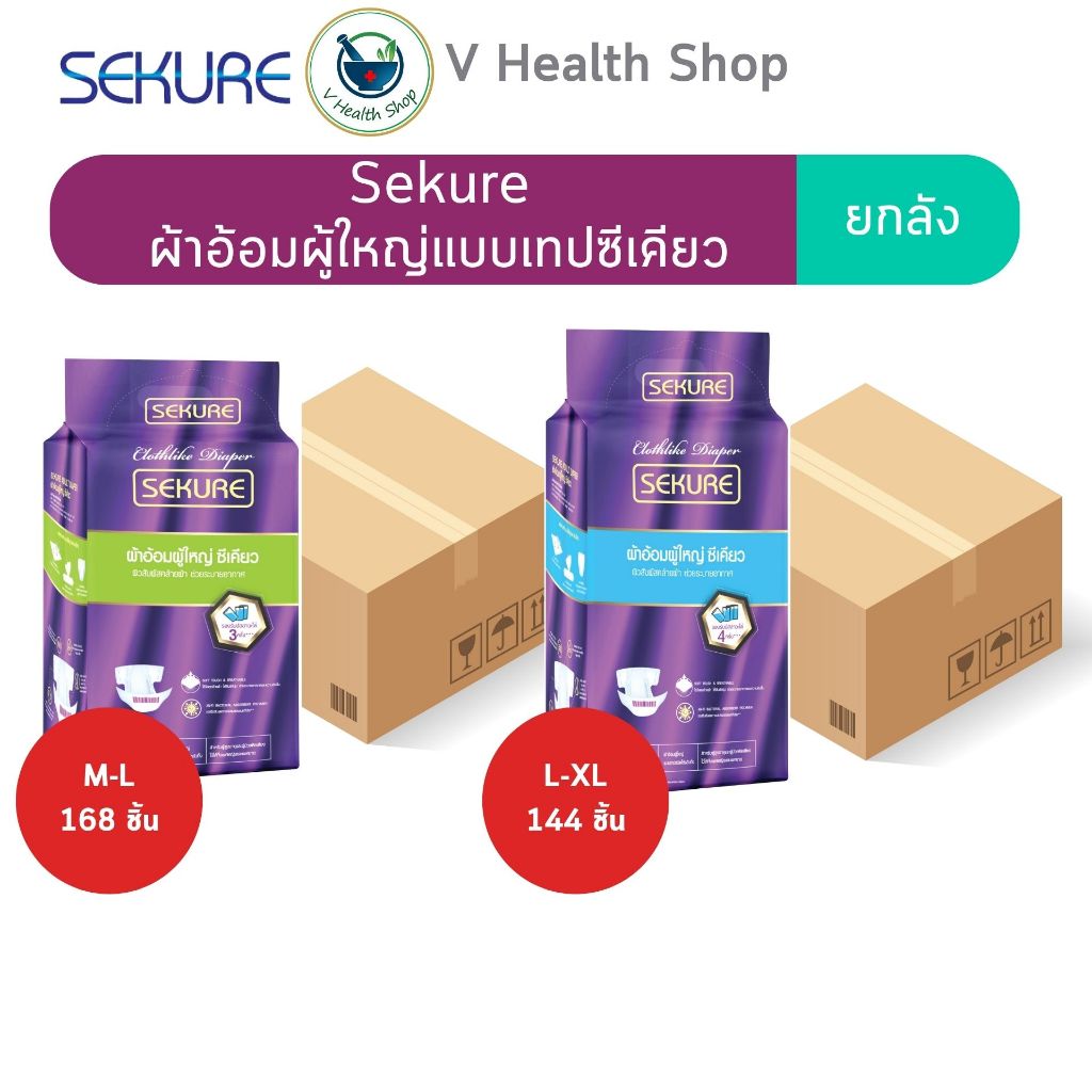 (ยกลัง 6 ห่อ) Sekure ผ้าอ้อมผู้ใหญ่แบบเทปซีเคียว Size M-L (168 ชิ้น) / L-XL (144 ชิ้น)