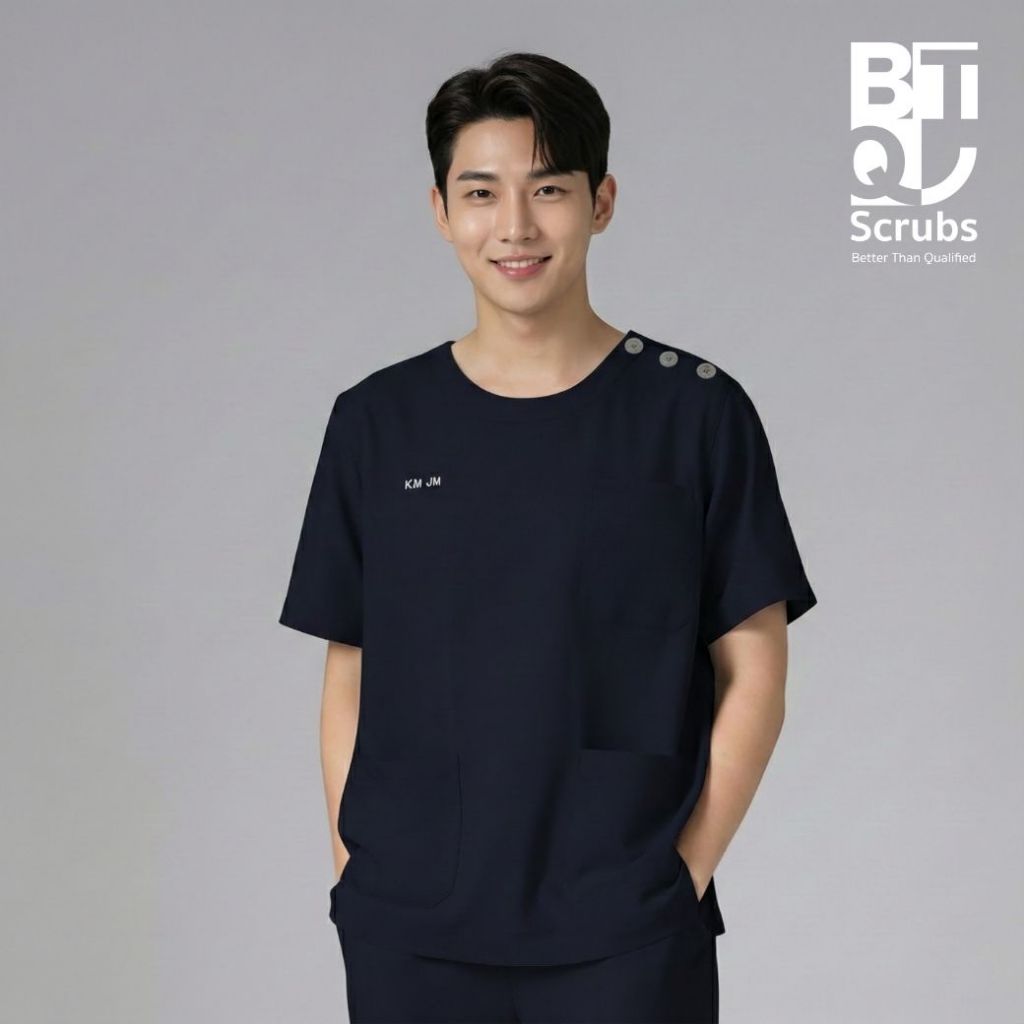 ( ไม่ปักชื่อ ) BTQ Medical Scrub Top - Unisex - รุ่น Round Bottons | เสื้อสครับหมอ พยาบาล ทรงหลวม คอกลม กระดุมไหล่