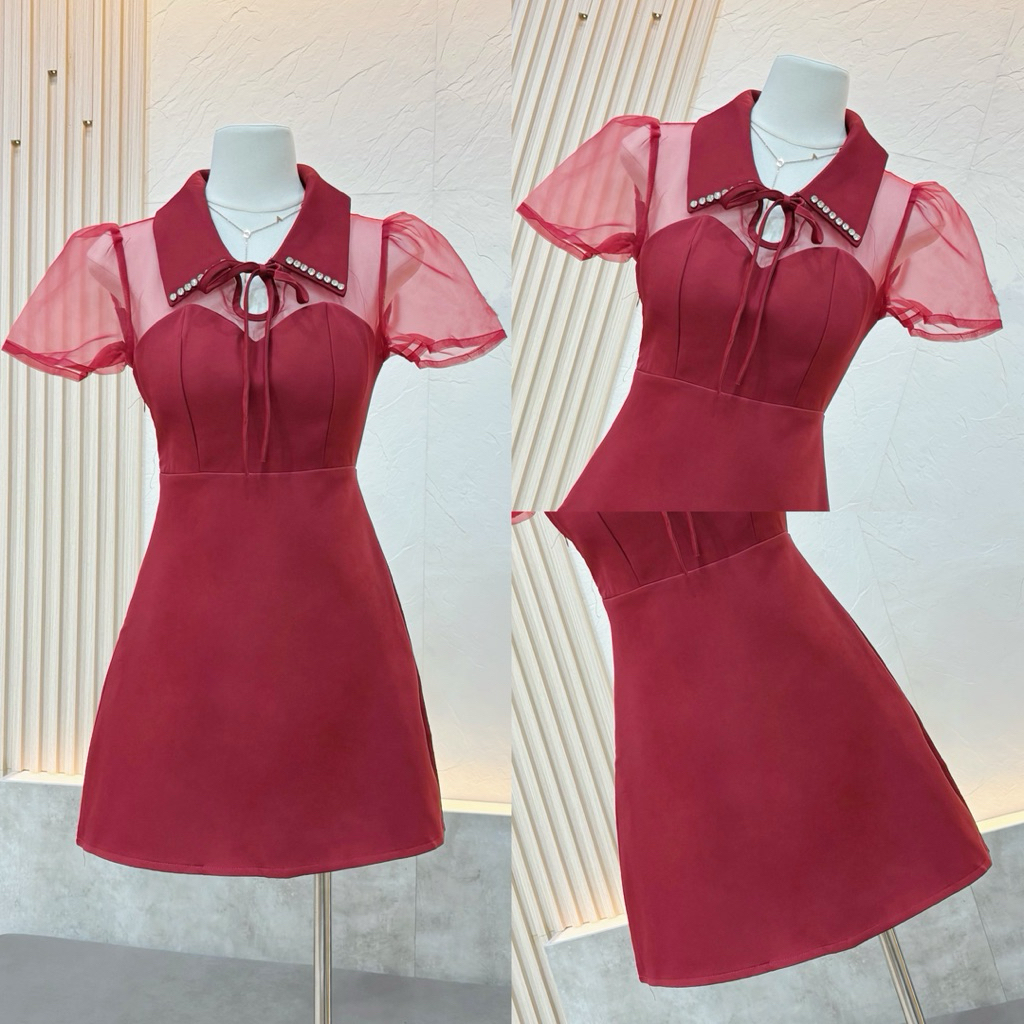 A054 LUNA.BRAND ชุดเดรสกระโปรงคอปกผูกโบว์แต่งเพชรคริสตัล แขนตุ๊กตาผ้าชีฟอง เรียบหรูผู้ดีสุดๆ ใส่ออกงาน คาเฟ่ ทำงาน - รูปที่ 3