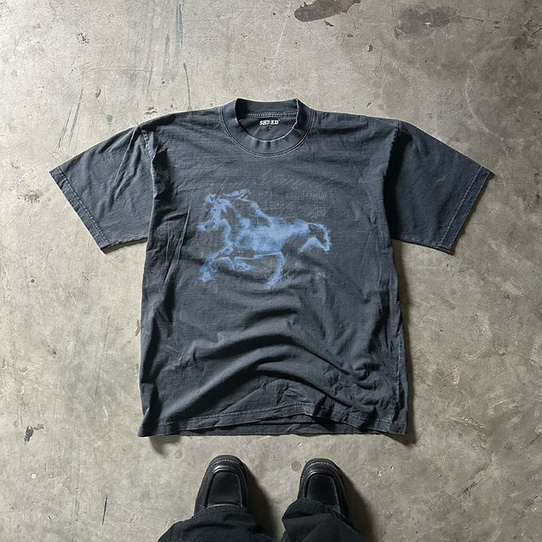 Year of the horse - BLACK & WHITE & FADE TEE - COTTON100% - เสื้อยืดทรงโอเวอร์ไซส์ ทรงสั้น