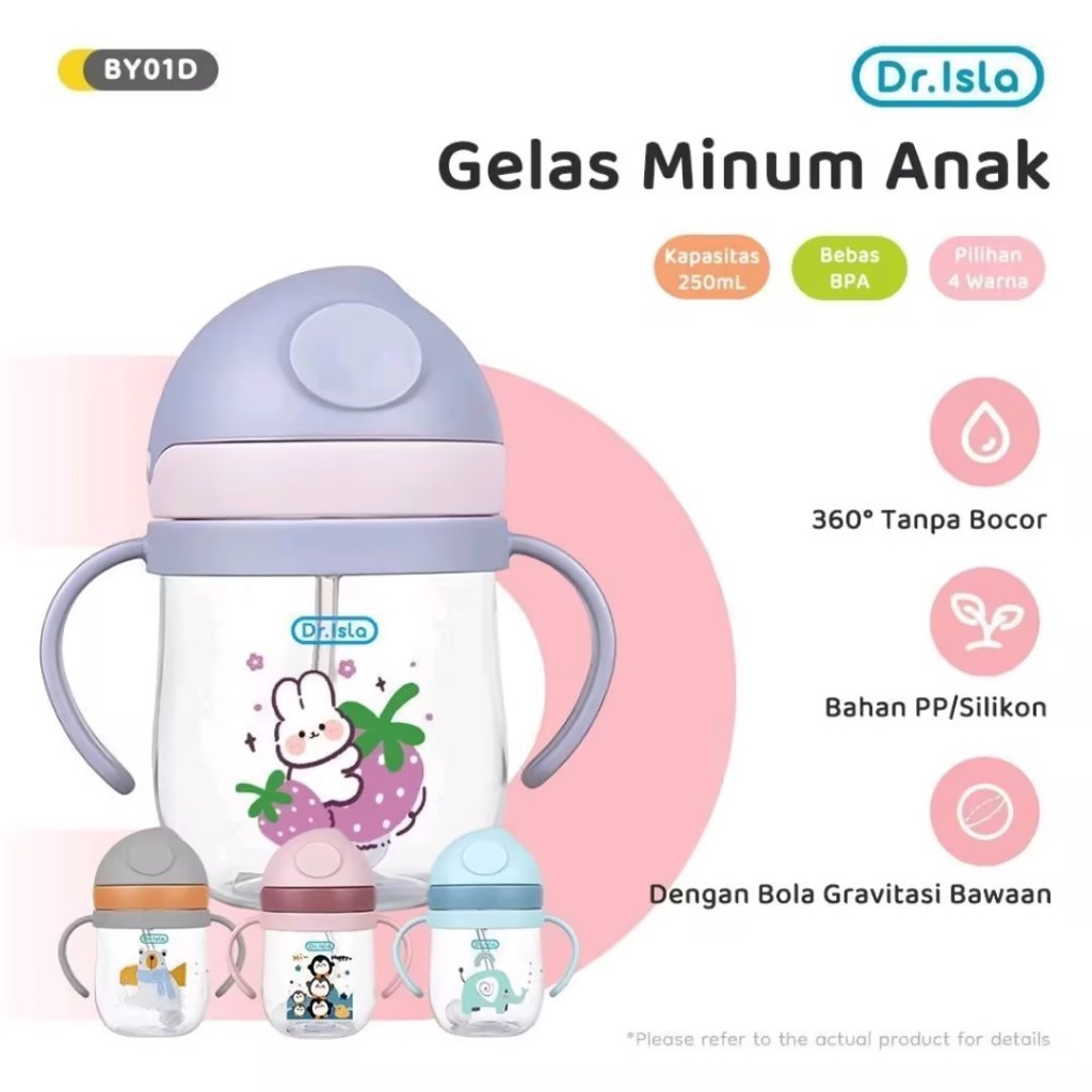Dr.Isla ขวดน้ำเด็ก แก้วหัดดื่มกันสำลัก 250ml/300ml 360° ไม่มีการรั่วไหล ปราศจาก BPA แก้วหัดดื่ม BY01
