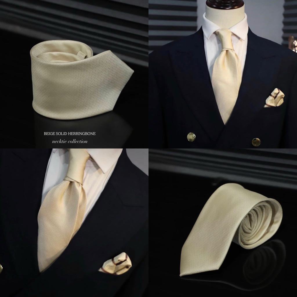 Beige herringbone necktie เนคไทด์สีครีมลายก้างปลา