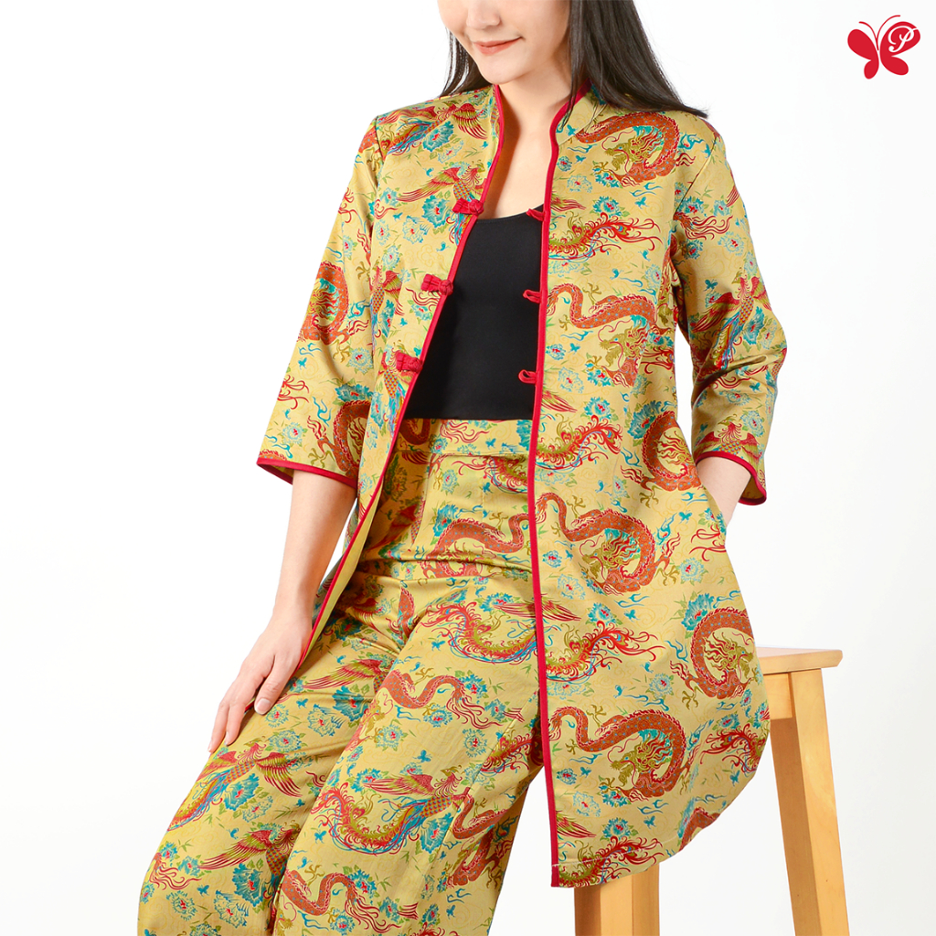 Papillon Woman Long Jacket-LONGFENG แจ็คเก็ตตัวยาวลายมังกรหงส์ ผ้า cotton 100% ทอเนื้อนุ่มเนียน บุผ้ากาวเนื้อนุ่มทั้งตัว - รูปที่ 3