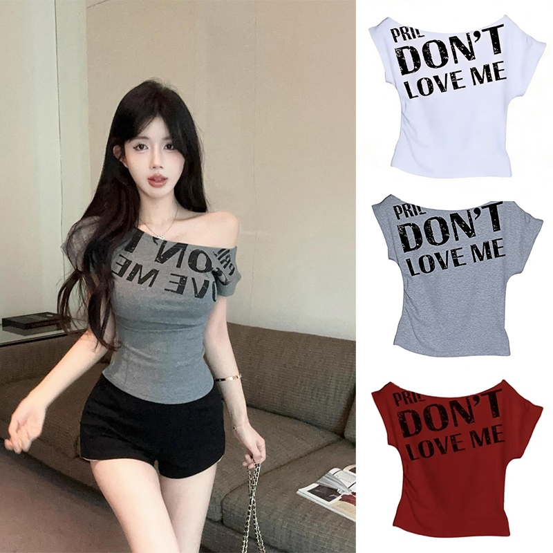 เสื้อยืดแขนสั้นคอลาดเปิดไหล่ สไตล์สาวอเมริกัน เอวเข้ารูป สำหรับหน้าร้อน