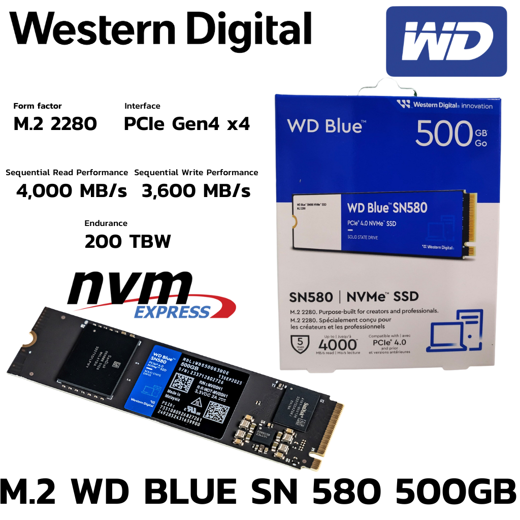 M.2 500 GB SSD (เอสเอสดี) WD BLUE SN580 - PCIe 4x4/NVMe M.2 2280 (WDS500G3B0E)