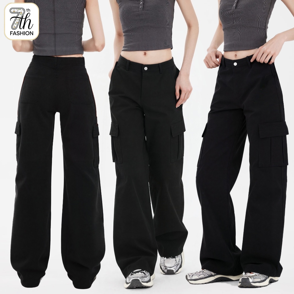 S-5XL【🔥ยีนส์ขาตรงเอวสูงลายกระเป๋า】ยีนส์สีดำผู้หญิง สไตล์คาร์โก้เกาหลี ใส่เท่ๆ ใช้งานได้จริง ไซส์ครบ #ยีนส์เอวสูง