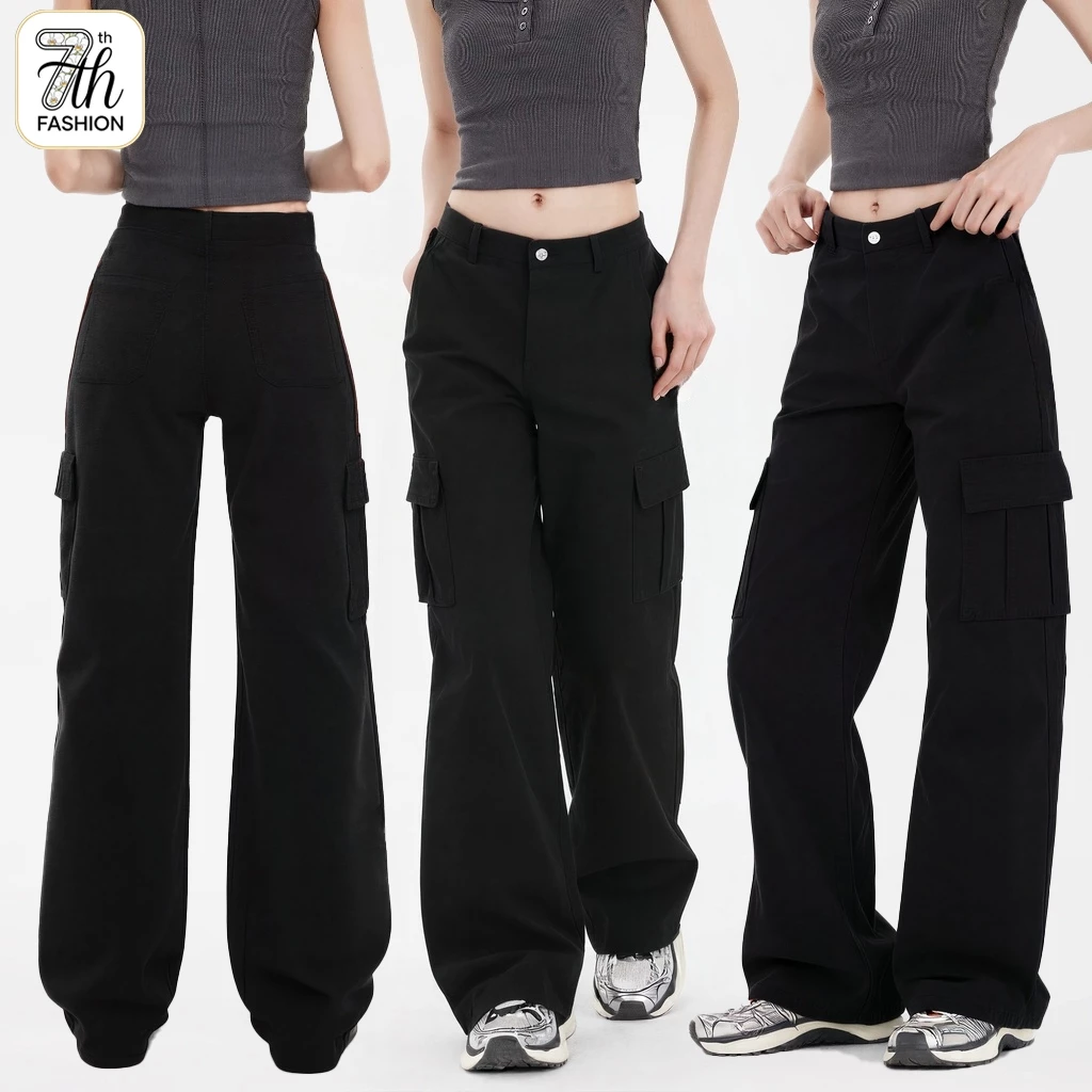 S-5XL【🔥ยีนส์ขาตรงเอวสูงลายกระเป๋า】ยีนส์สีดำผู้หญิง สไตล์คาร์โก้เกาหลี ใส่เท่ๆ ใช้งานได้จริง ไซส์ครบ #ยีนส์เอวสูง